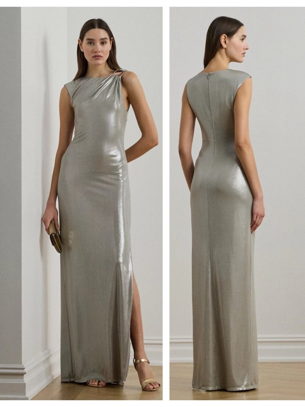 Lauren Ralph Lauren Buckle-Trim Metallic Sleeveless Gown
